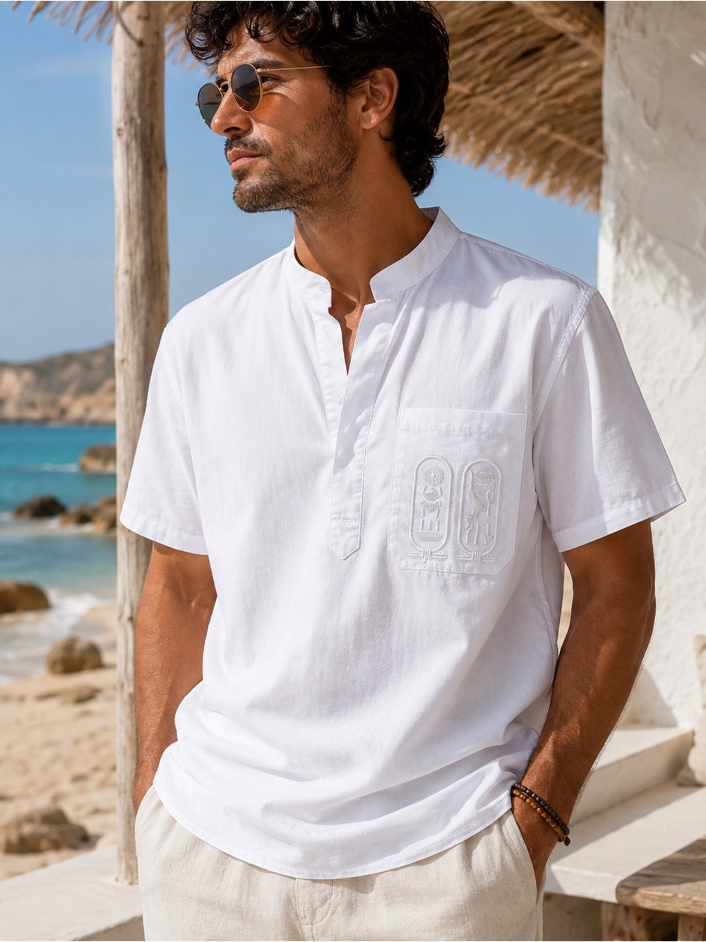 White Egyptian Hieroglyph Embroidered Cotton Short Sleeve Kaftan Style Large